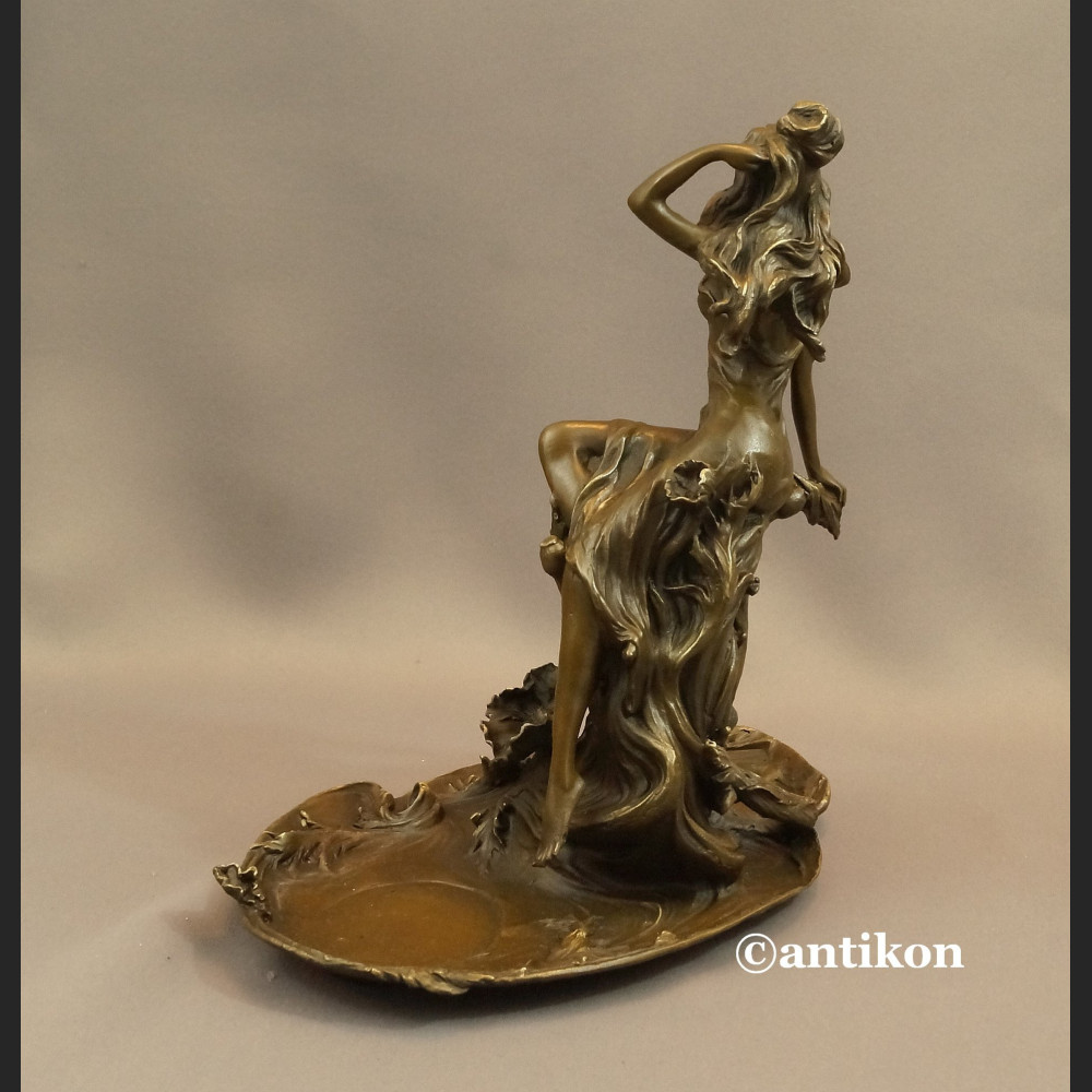 Patera secesyjna z nimfą prawdziwy brąz 