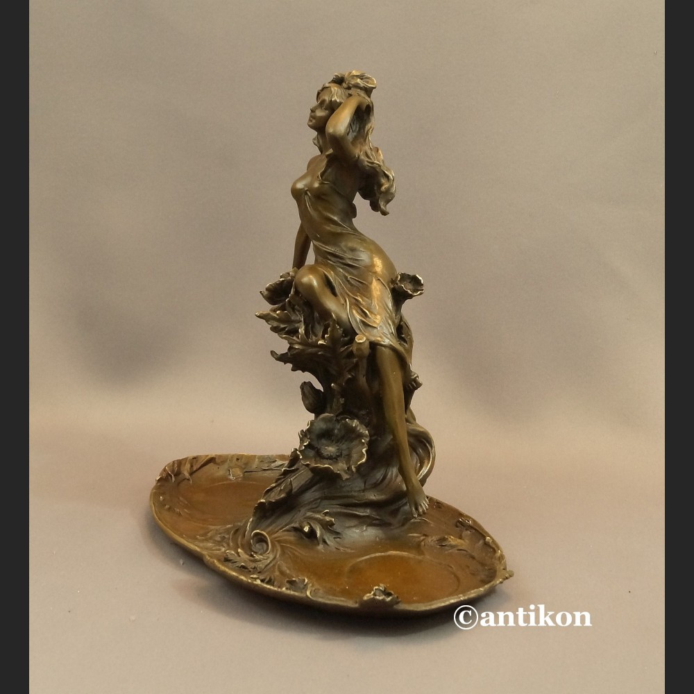 Patera secesyjna z nimfą prawdziwy brąz 