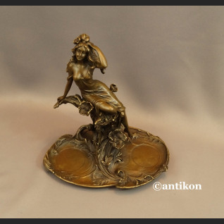 Patera secesyjna z nimfą prawdziwy brąz 