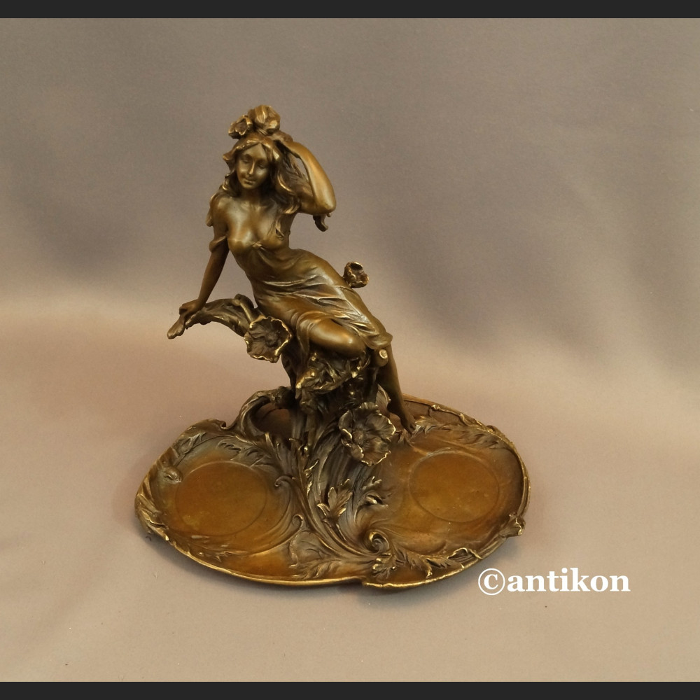 Patera secesyjna z nimfą prawdziwy brąz 