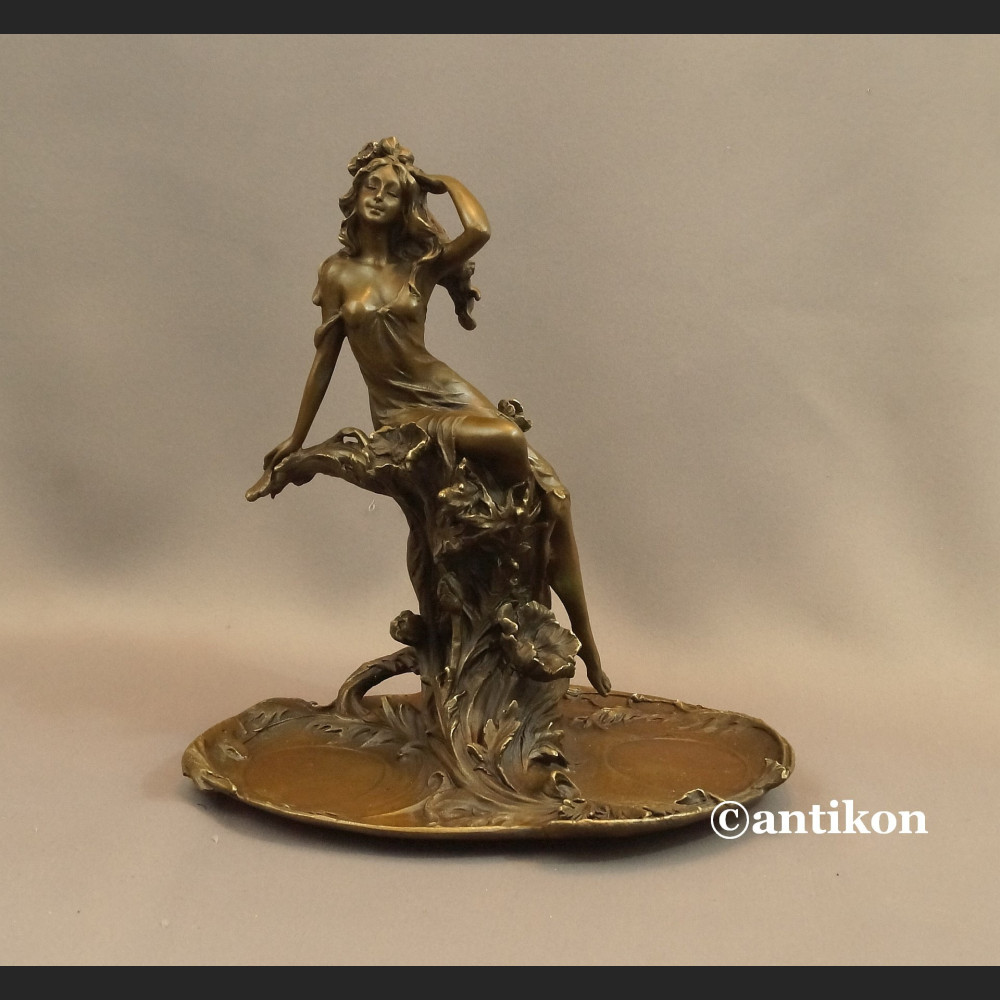 Patera secesyjna z nimfą prawdziwy brąz 