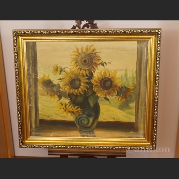 Obraz kwiaty słoneczniki w oknie olej na płótnie