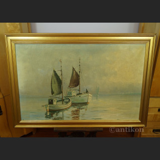 Obraz łodzie rybackie na morzu olejny pejzaż na płótnie Obraz łodzie rybackie na morzu olejny pejzaż na płótnie