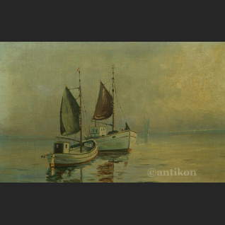 Obraz łodzie rybackie na morzu olejny pejzaż na płótnie Obraz łodzie rybackie na morzu olejny pejzaż na płótnie