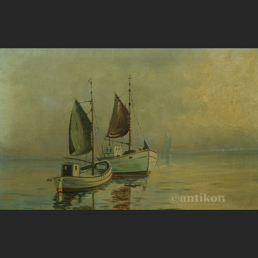 Obraz łodzie rybackie na morzu olejny pejzaż na płótnie Obraz łodzie rybackie na morzu olejny pejzaż na płótnie
