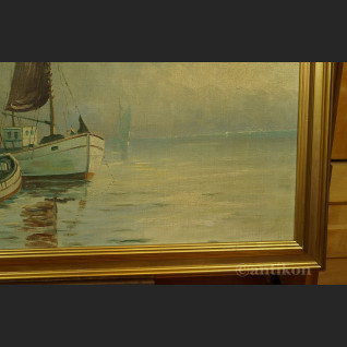 Obraz łodzie rybackie na morzu olejny pejzaż na płótnie Obraz łodzie rybackie na morzu olejny pejzaż na płótnie