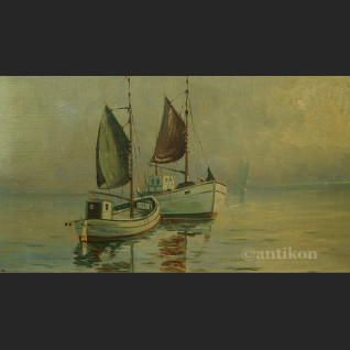 Obraz łodzie rybackie na morzu olejny pejzaż na płótnie Obraz łodzie rybackie na morzu olejny pejzaż na płótnie