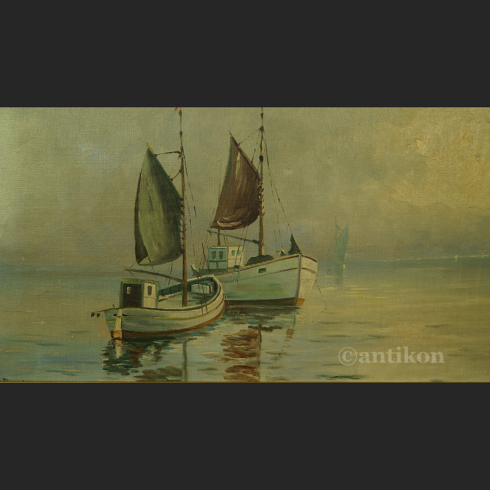 Obraz łodzie rybackie na morzu olejny pejzaż na płótnie Obraz łodzie rybackie na morzu olejny pejzaż na płótnie