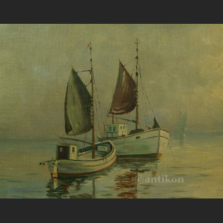 Obraz łodzie rybackie na morzu olejny pejzaż na płótnie Obraz łodzie rybackie na morzu olejny pejzaż na płótnie