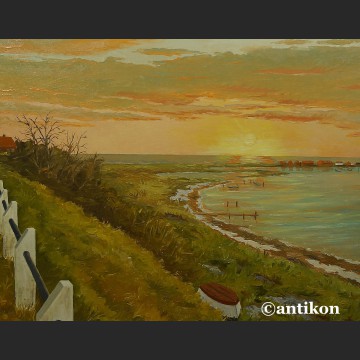 Pejzaż brzeg jeziora o zachodzie słońca malarstwo olejne