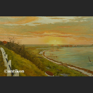 Pejzaż brzeg jeziora o zachodzie słońca malarstwo olejne 