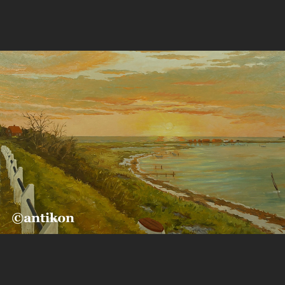 Pejzaż brzeg jeziora o zachodzie słońca malarstwo olejne 