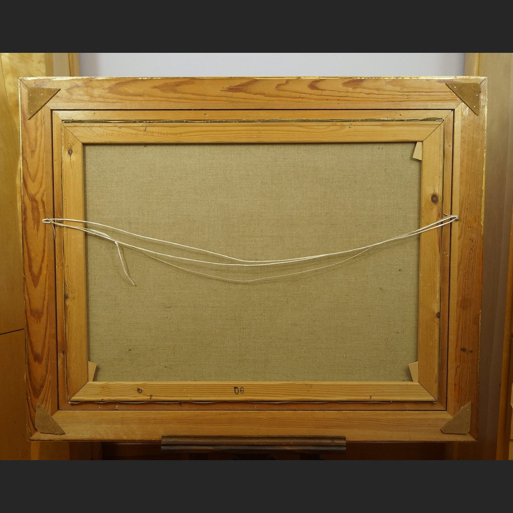 Pejzaż brzeg jeziora o zachodzie słońca malarstwo olejne 