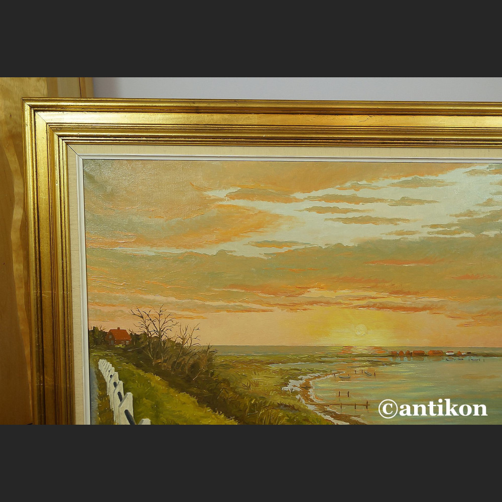 Pejzaż brzeg jeziora o zachodzie słońca malarstwo olejne 