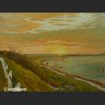Pejzaż brzeg jeziora o zachodzie słońca malarstwo olejne