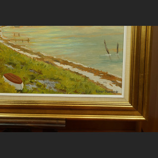 Pejzaż brzeg jeziora o zachodzie słońca malarstwo olejne 