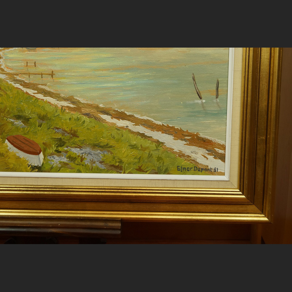 Pejzaż brzeg jeziora o zachodzie słońca malarstwo olejne 