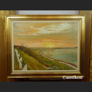 Pejzaż brzeg jeziora o zachodzie słońca malarstwo olejne 