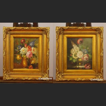 Obrazy z kwiatami w złotej ramie para obrazów