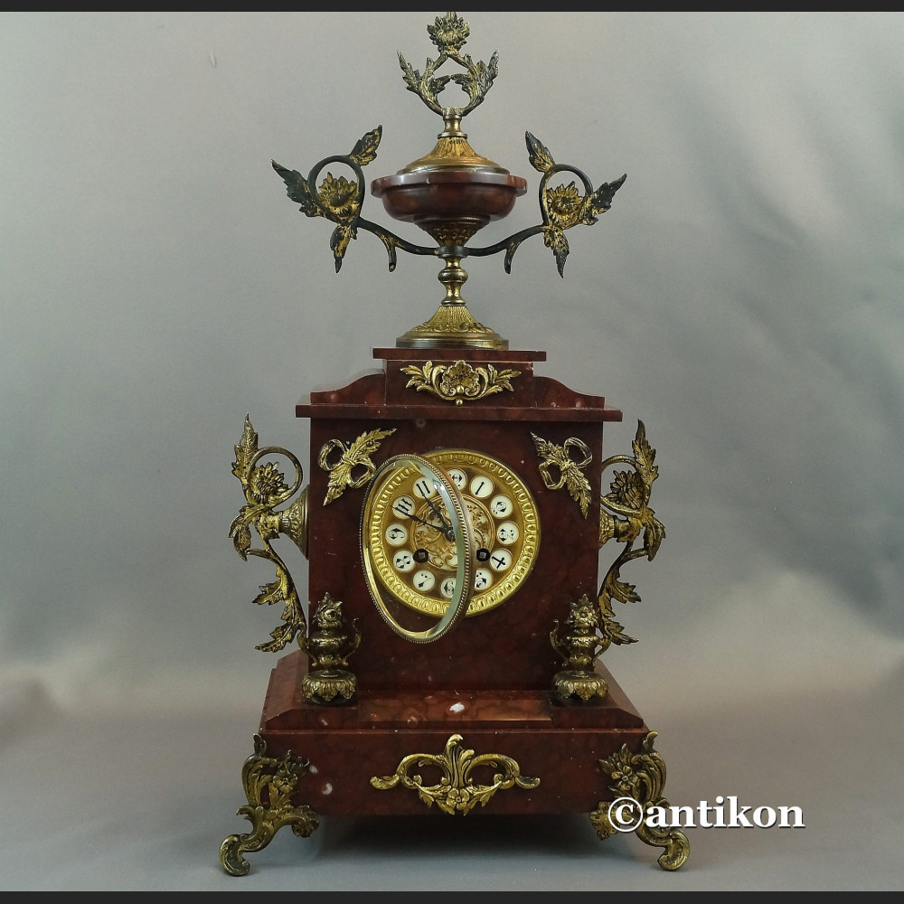 Zegar francuski z bordowego marmuru Mougin XIX w antyki Zegar francuski z bordowego marmuru Mougin XIX w antyki