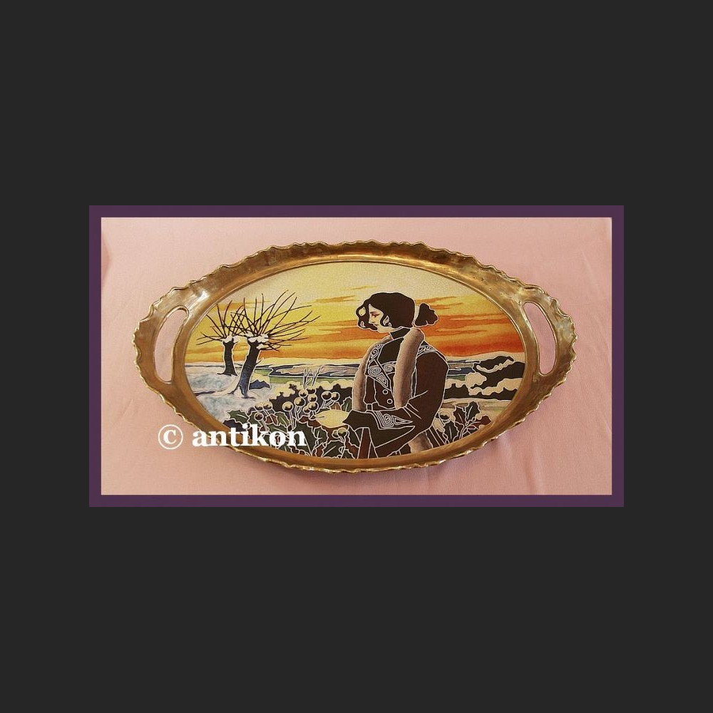 WSPANIAŁA OGROMNA TACA Z BRĄZEM SECESJA