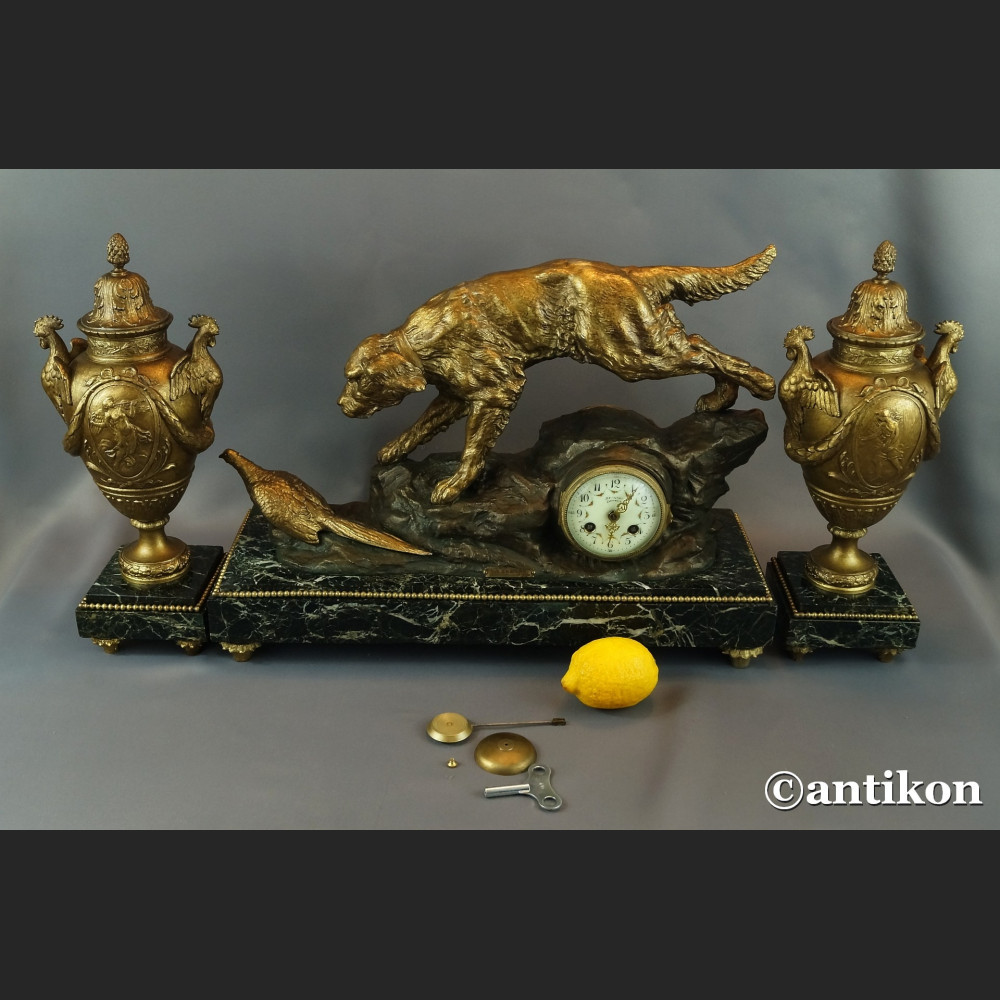 Zegar myśliwski kominkowy antyk  Polowanie 