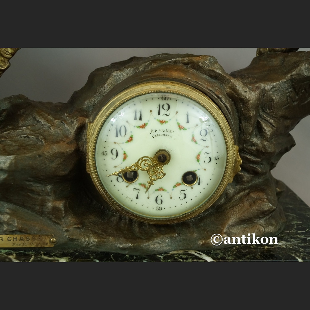 Zegar myśliwski kominkowy antyk  Polowanie 