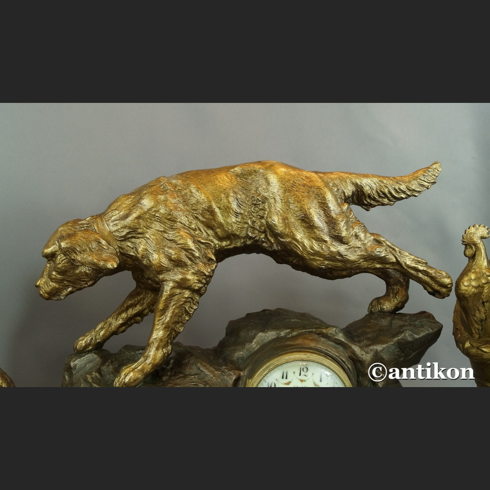 Zegar myśliwski kominkowy antyk  Polowanie 