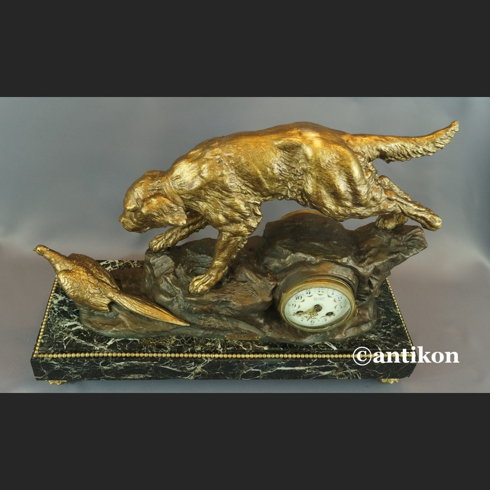 Zegar myśliwski kominkowy antyk  Polowanie 