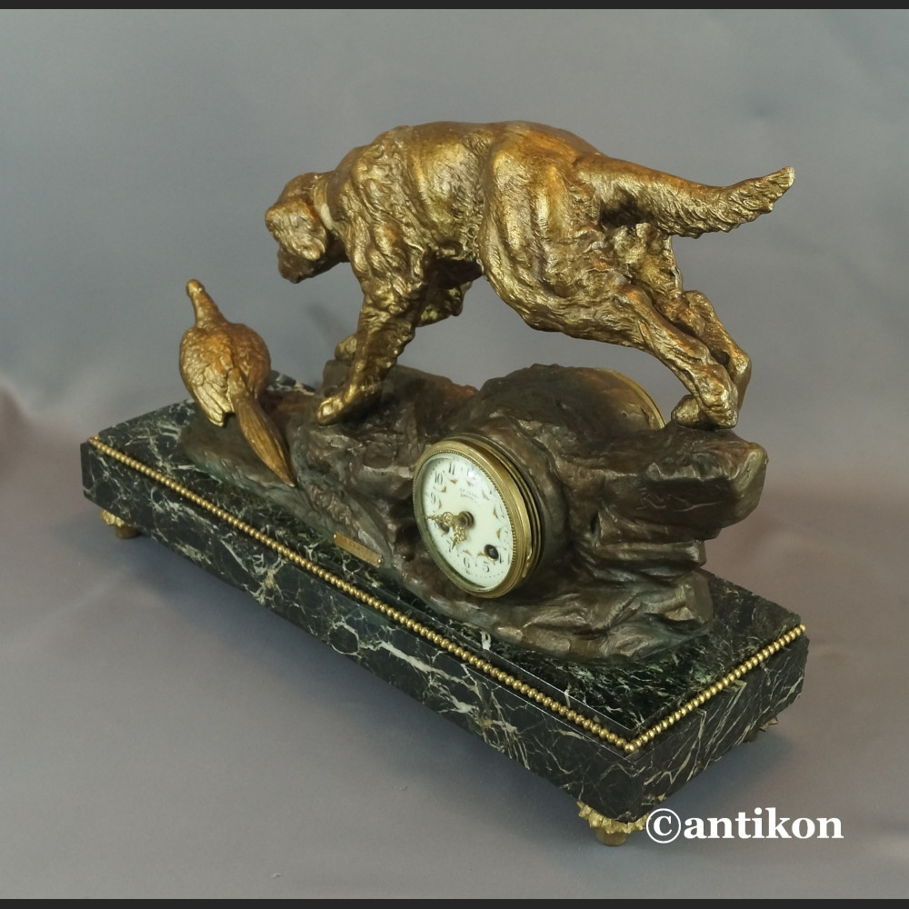 Zegar myśliwski kominkowy antyk  Polowanie 