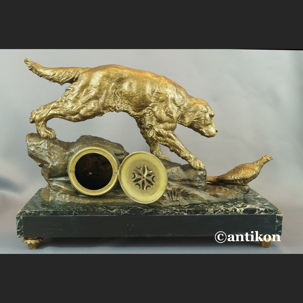 Zegar myśliwski kominkowy antyk  Polowanie 