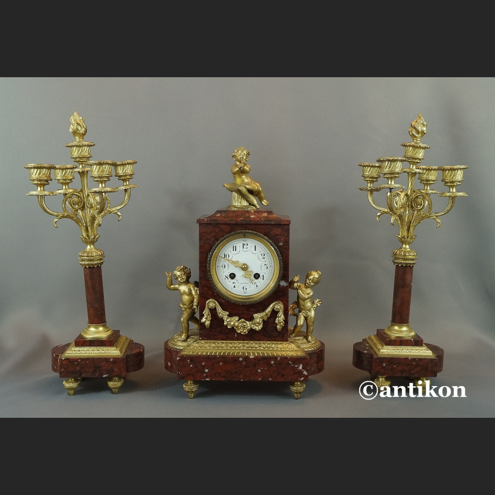 Barokowy zegar antyk z kandelabrami i aniołkami 