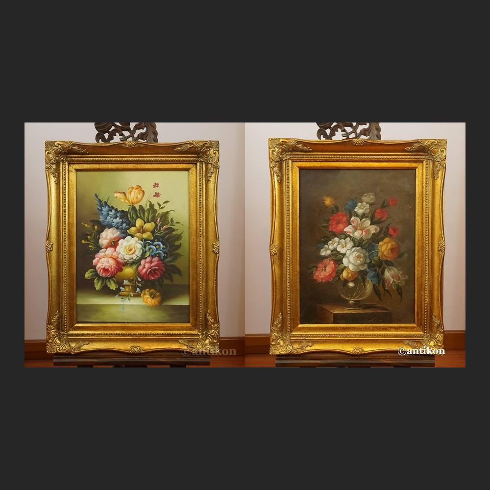 Obrazy z kwiatami w złotej ramie para obrazów 