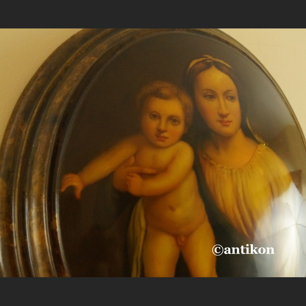 Włoska Madonna obraz na drewnianym medalionie 