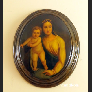 Włoska Madonna obraz na drewnianym medalionie 