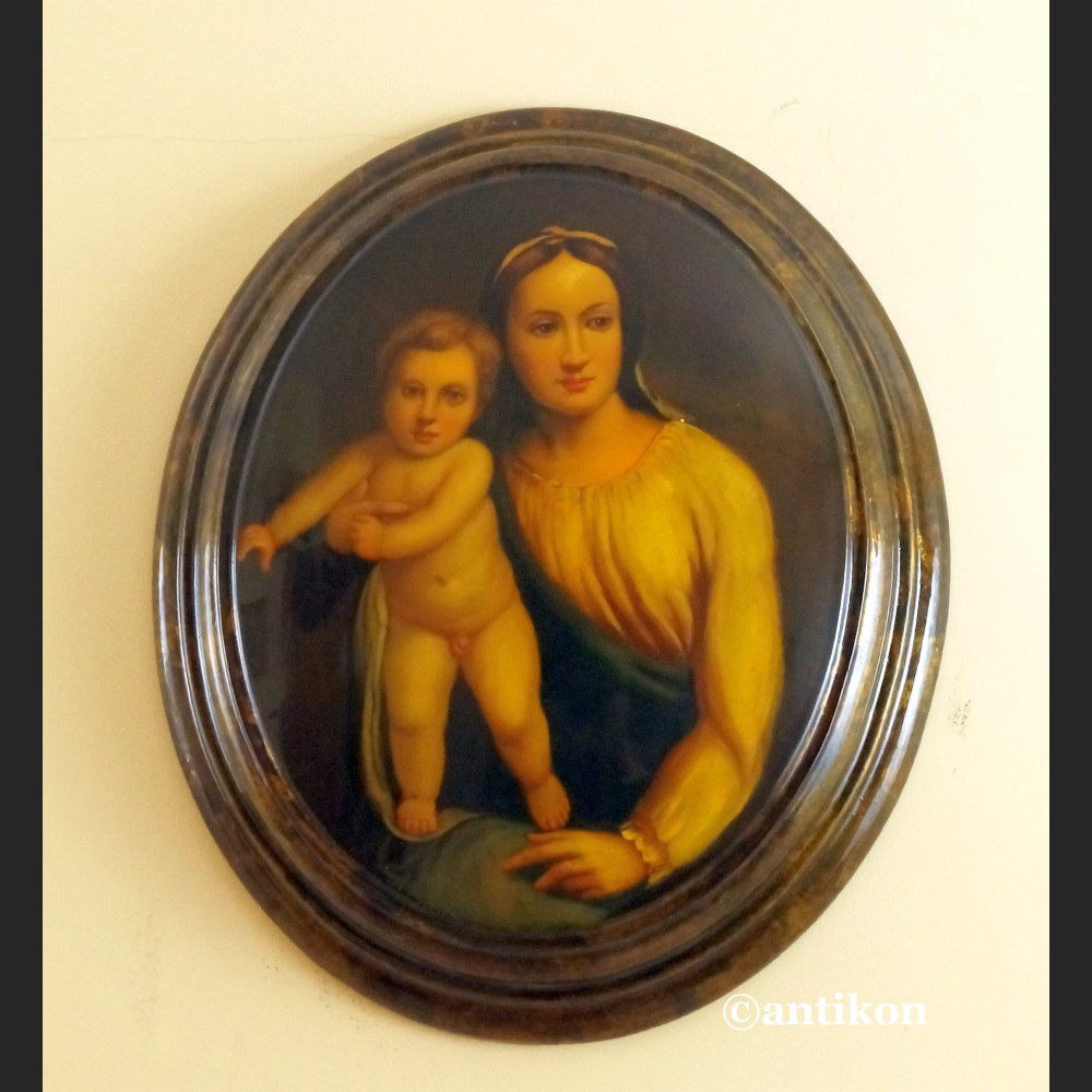 Włoska Madonna obraz na drewnianym medalionie 