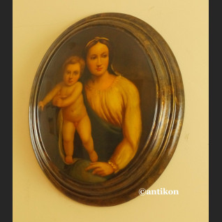 Włoska Madonna obraz na drewnianym medalionie 