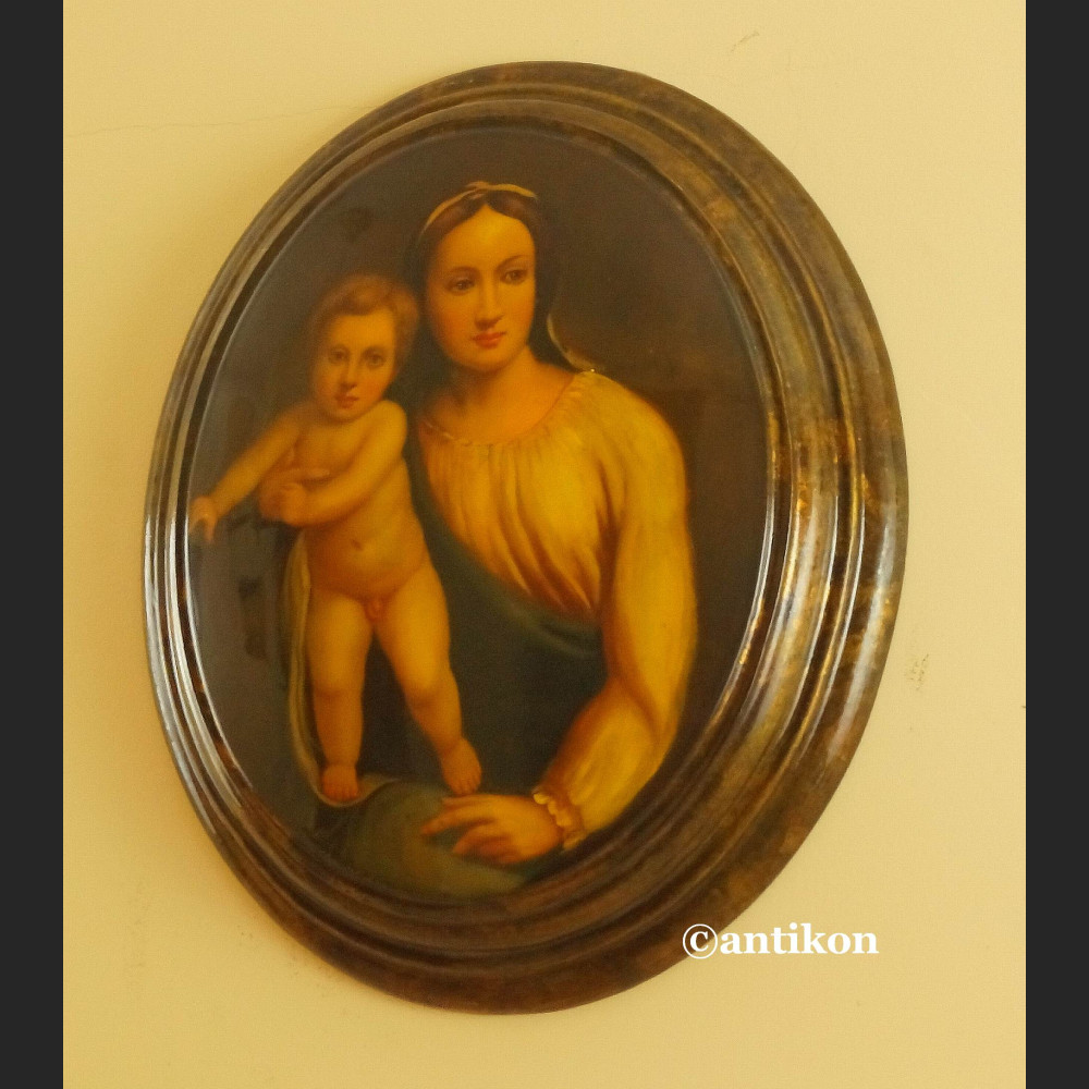Włoska Madonna obraz na drewnianym medalionie 