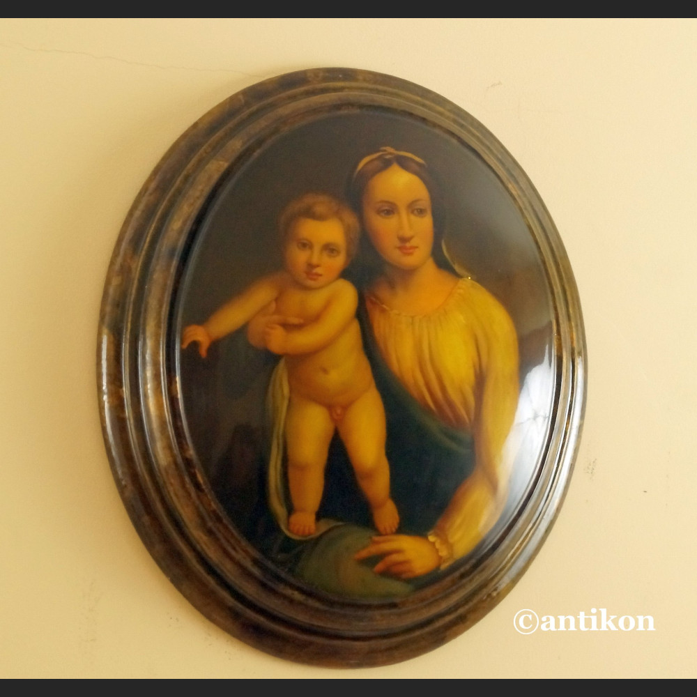 Włoska Madonna obraz na drewnianym medalionie 