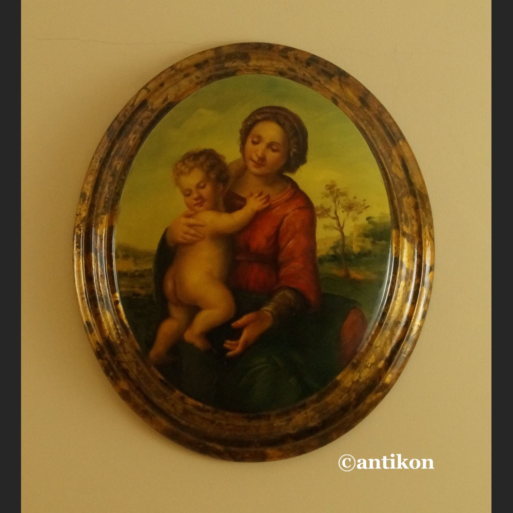 Barokowa Madonna obraz na drewnianym medalionie 