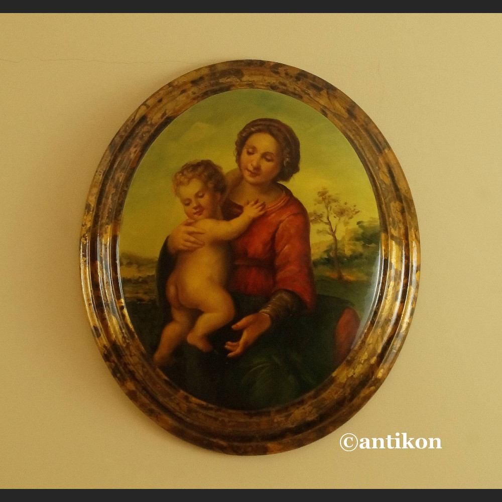 Barokowa Madonna obraz na drewnianym medalionie 