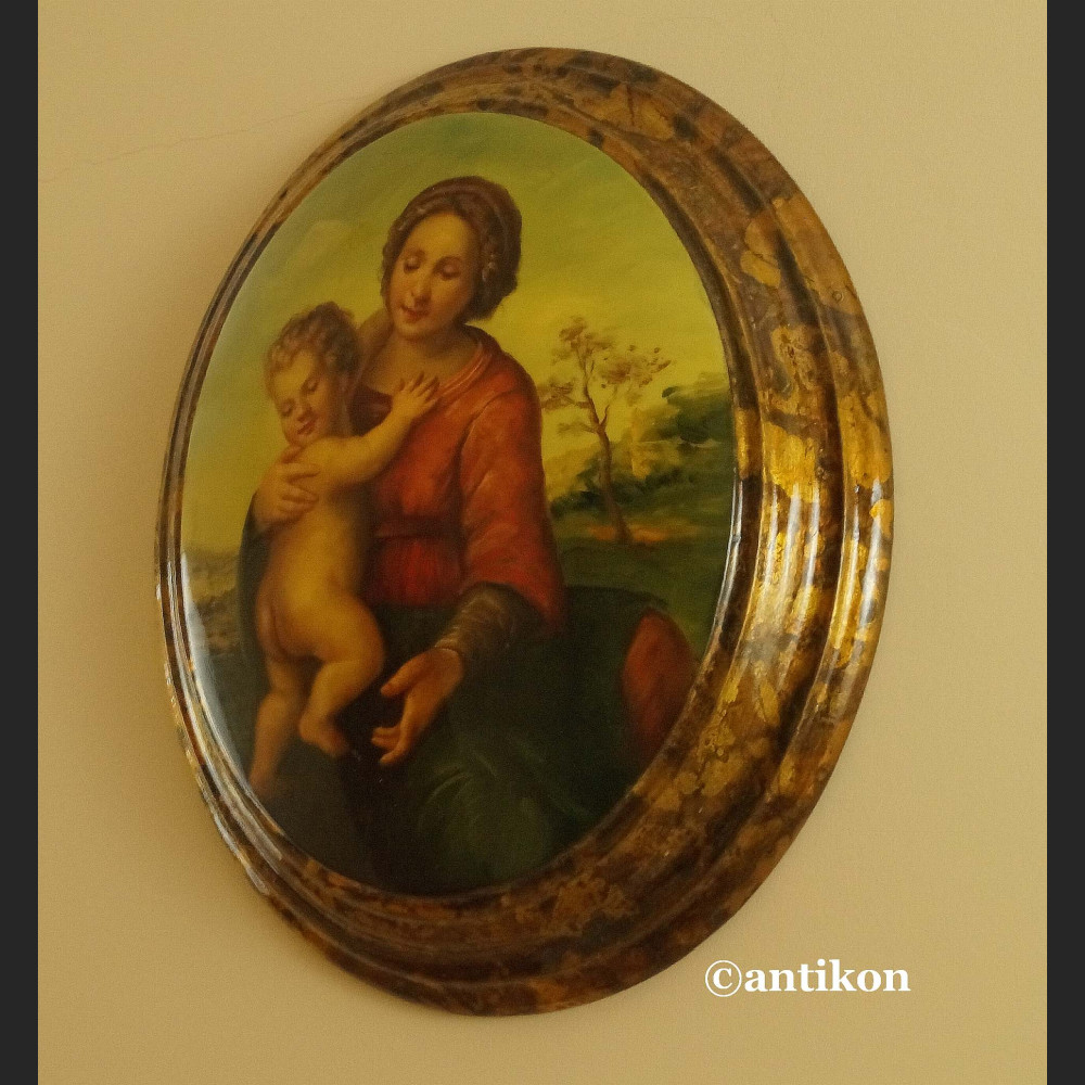 Barokowa Madonna obraz na drewnianym medalionie 