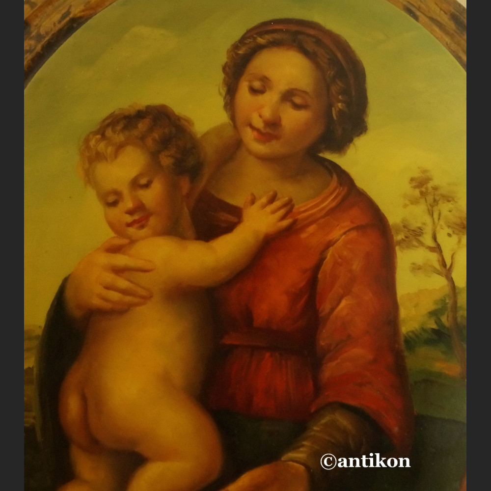 Barokowa Madonna obraz na drewnianym medalionie 