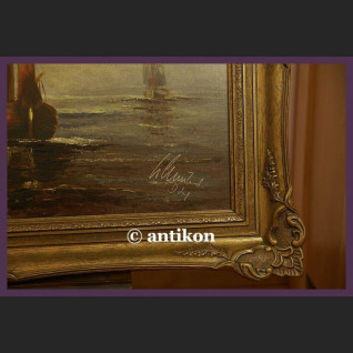 ŁODZIE MARYNISTYKA PRZEŚLICZNY SYG. OBRAZ STARY OLEJ NA PŁÓTNIE PIĘKNA RAMA