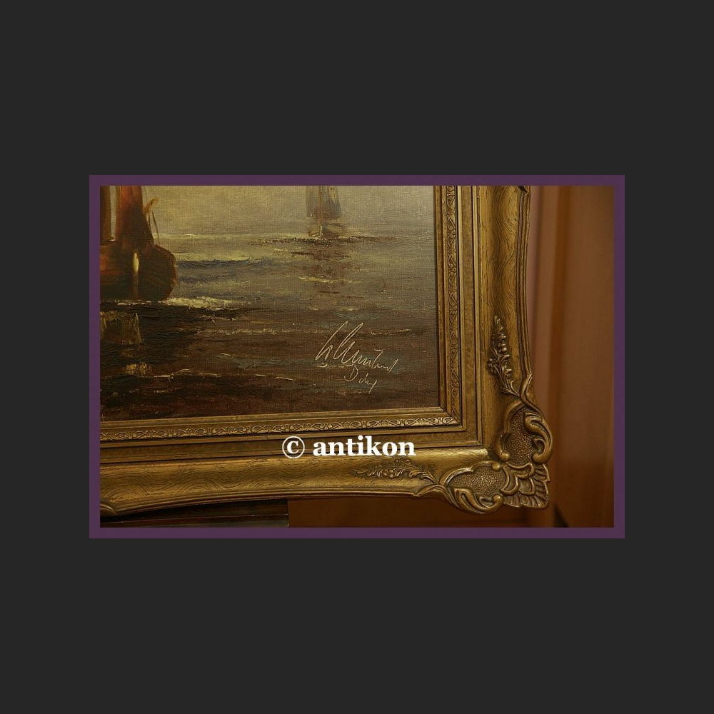 ŁODZIE MARYNISTYKA PRZEŚLICZNY SYG. OBRAZ STARY OLEJ NA PŁÓTNIE PIĘKNA RAMA