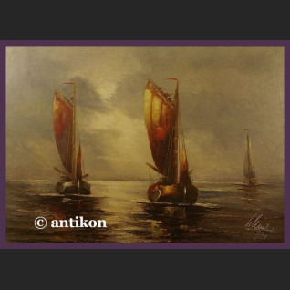 ŁODZIE MARYNISTYKA PRZEŚLICZNY SYG. OBRAZ STARY OLEJ NA PŁÓTNIE PIĘKNA RAMA