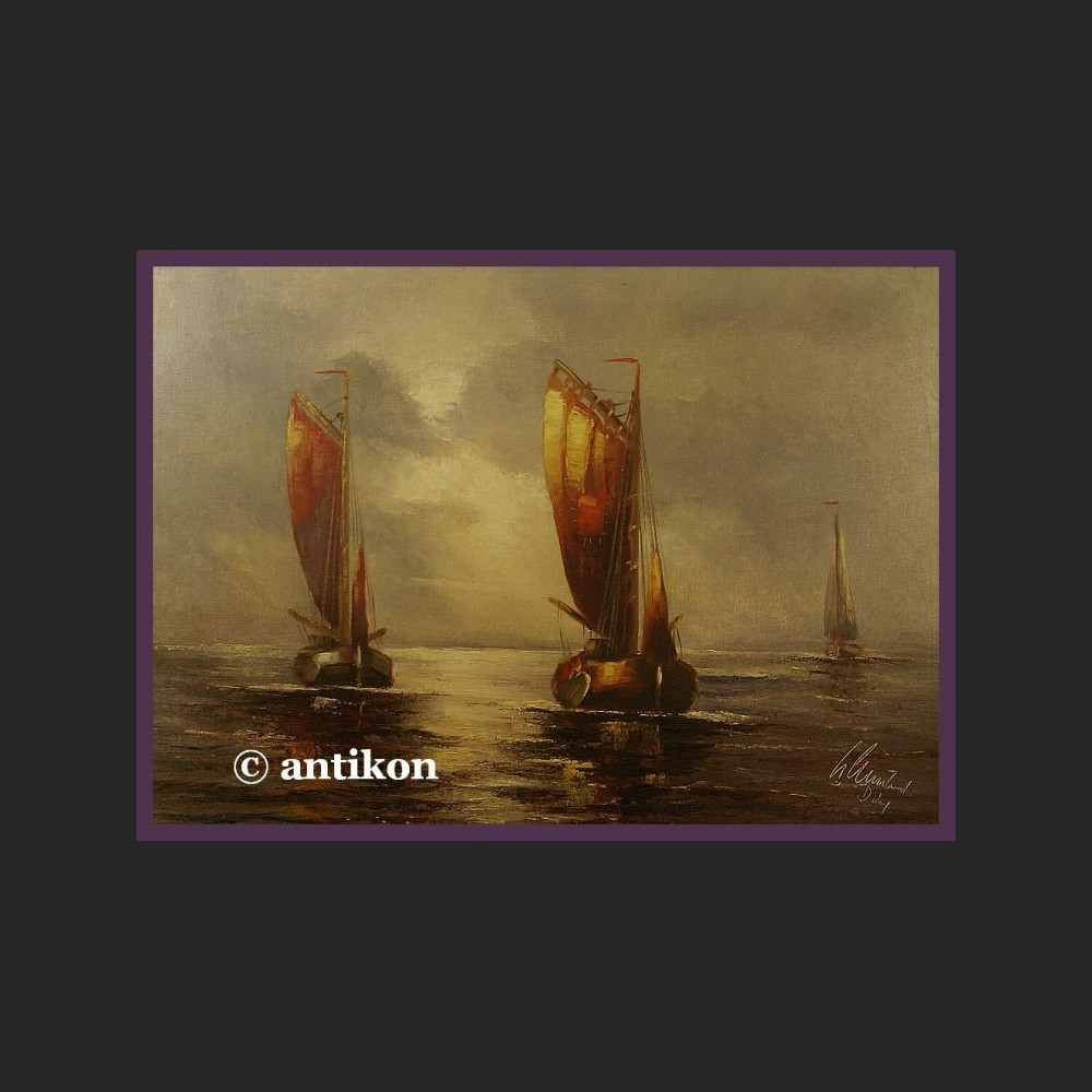 ŁODZIE MARYNISTYKA PRZEŚLICZNY SYG. OBRAZ STARY OLEJ NA PŁÓTNIE PIĘKNA RAMA