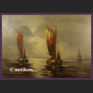 ŁODZIE MARYNISTYKA PRZEŚLICZNY SYG. OBRAZ STARY OLEJ NA PŁÓTNIE PIĘKNA RAMA