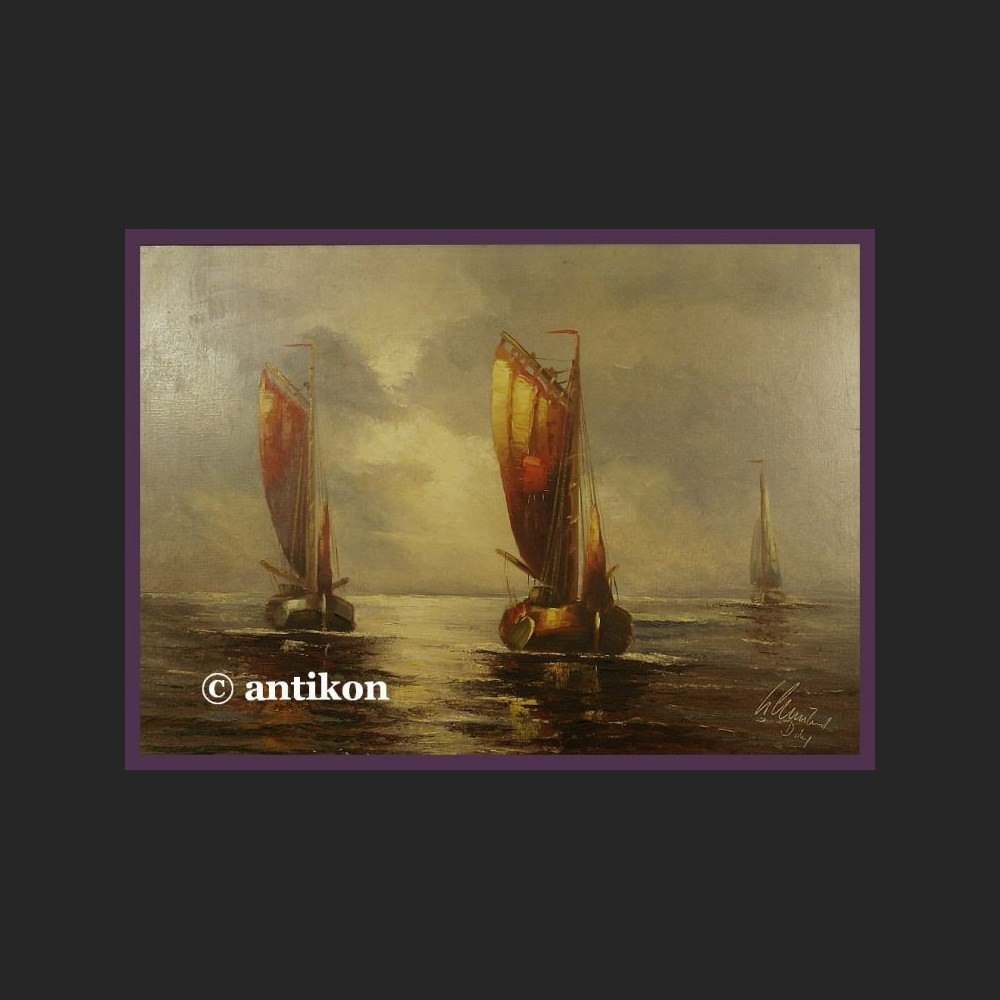 ŁODZIE MARYNISTYKA PRZEŚLICZNY SYG. OBRAZ STARY OLEJ NA PŁÓTNIE PIĘKNA RAMA