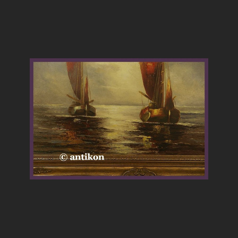 ŁODZIE MARYNISTYKA PRZEŚLICZNY SYG. OBRAZ STARY OLEJ NA PŁÓTNIE PIĘKNA RAMA